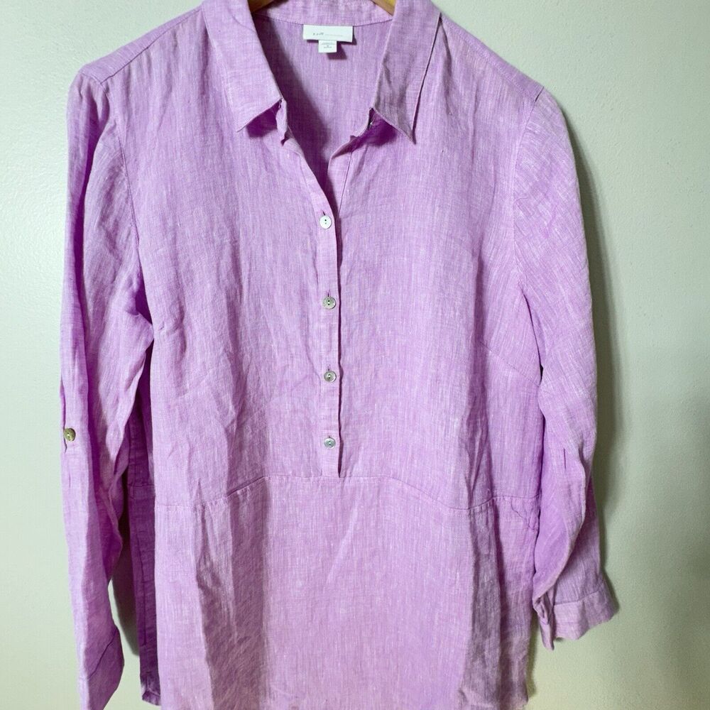 J Jill Love Linen Womens MP Purple Pink Pull Over Tunic Pocket Roll Tab Top - Picture 3 of 8
